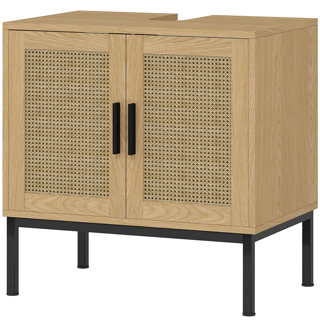 Mobiletto da bagno in stile boho con elementi in rattan ¨C zephmum ¨C bianco 60x30x50