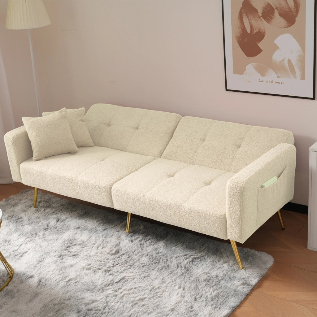 Divano Letto con Schienale Regolabile 105° 138° 180° e Tasche Laterali, Schiuma, Beige, 175 × 64 × 72 cm