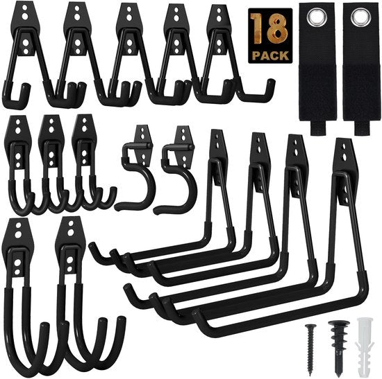 Set di chiodi per garage da 18 - Chiodi pesanti - Chiodi a forma di U, J e S - Attrezzi per giardinaggio/Supporti per appendiabiti - Facile da installare - Spazio di stoccaggio extra - Chiodi di stoccaggio