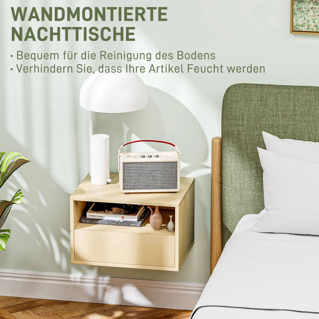 Comodino sospeso con cassetto e ripiano aperto per camera da letto e soggiorno in legno naturale 45 × 35 × 27,5 cm