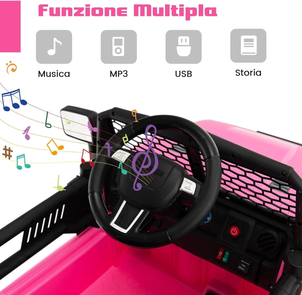 12V Auto per Bambini con Telecomando, Macchina Elettrica con Fari Luminosi, Musica, Porta USB e Aux, Velocità 2,5-4,5 km/h, Regalo per Bambini 3-7 Anni (Rosa)