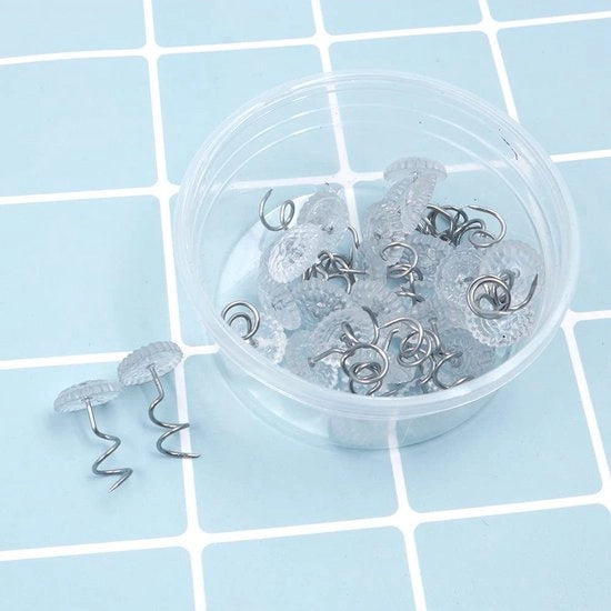 Accessori di fissaggio decorativi 30 pezzi - Acciaio inossidabile - Testa trasparente - Ago a spirale - Per tessuti e divani - Spilloni di fissaggio
