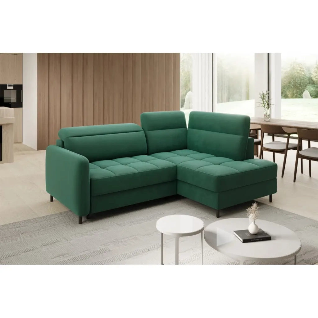 Divano angolare destro convertibile BARNEA 208 cm verde scuro con contenitore