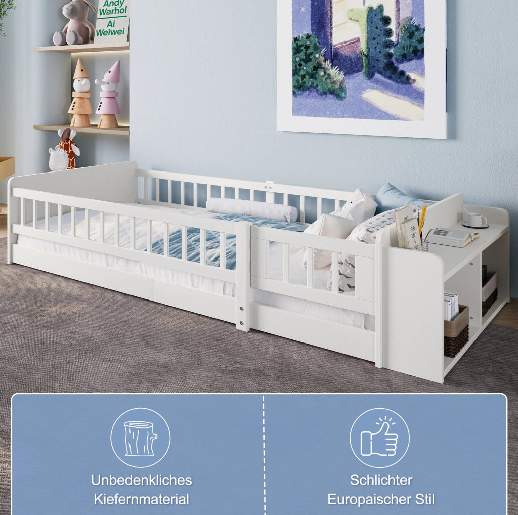 Letto per bambini 90x200 cm in pino bianco con ripiani