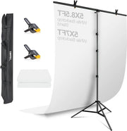 Kit di sfondo per studio fotografico con sfondo bianco 15 x 20 m (5x7ft) e 15 x 26 m (5x 85 ft) - supporto a T - per foto shoot, registrazioni fotografiche e feste
