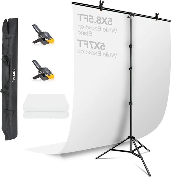 Kit di sfondo per studio fotografico con sfondo bianco 15 x 20 m (5x7ft) e 15 x 26 m (5x 85 ft) - supporto a T - per foto shoot, registrazioni fotografiche e feste