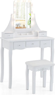 Tavolo da toeletta con specchio a LED e sgabello, specchio e luci a 3 colori, luminosità regolabile, gambe in legno massello, 5 cassetti di stoccaggio