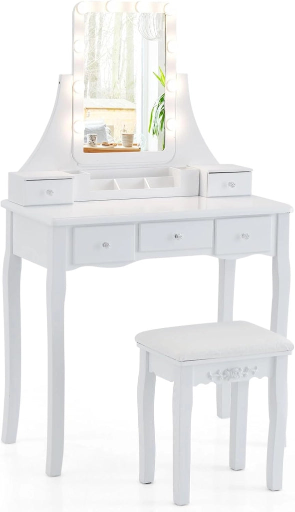 Tavolo da toeletta con specchio a LED e sgabello, specchio e luci a 3 colori, luminosità regolabile, gambe in legno massello, 5 cassetti di stoccaggio
