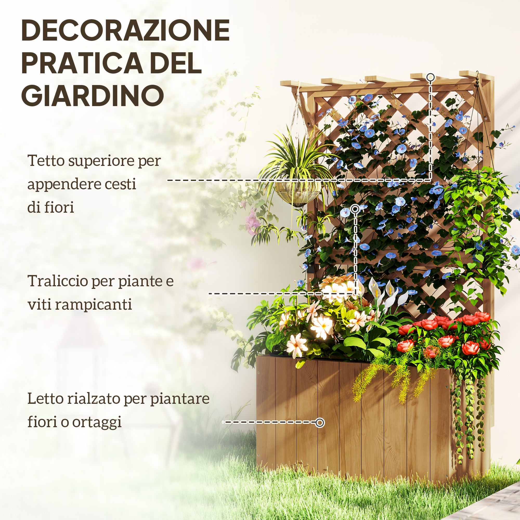 Letto per Orto Rialzato con Traliccio per Rampicanti e Pergola Superiore 64x33x122 cm in Legno di Abete