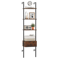 Libreria a scala a 5 ripiani con cassetto-Scaffale da parete alto 177,5 cm con struttura in metallo Marrone