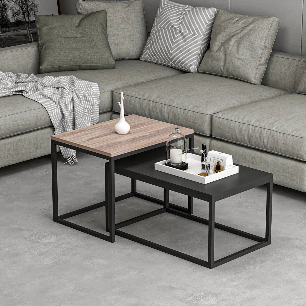Set di 2 Tavolini Bassi 'Aabenraa' Tavolini Sovrapponibili - Rovere / Nero [en.casa]