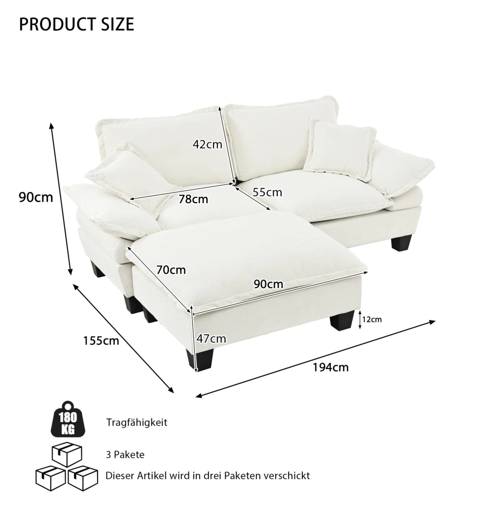 Divano angolare modulare Cloud in chenille beige con pouf mobile e 2 cuscini morbidi, 194x155x90 cm