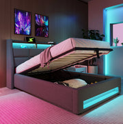 Letto imbottito 90x200 cm con LED; USB e contenitore; grigio