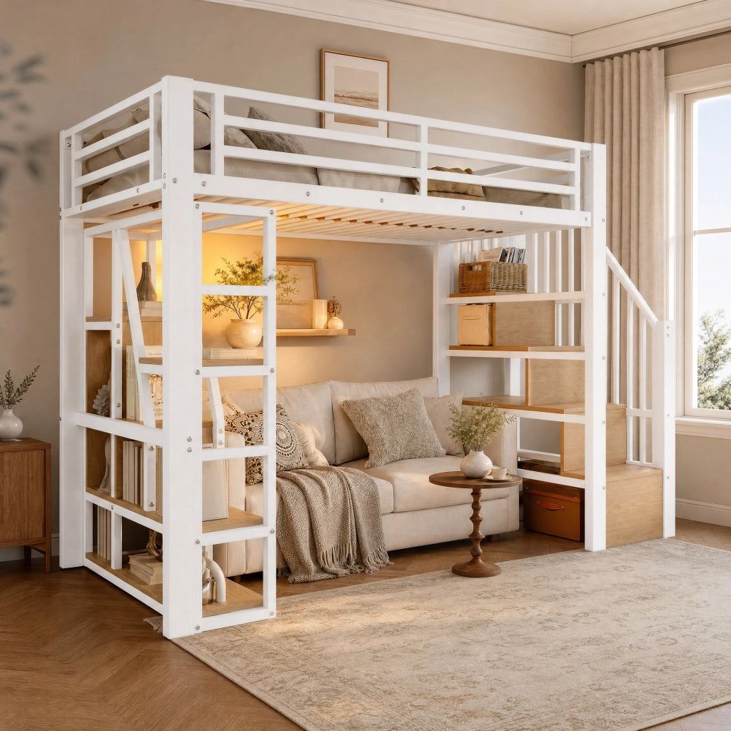Letto a soppalco 90x200 cm in metallo e MDF; con LED; ripiani integrati; bianco