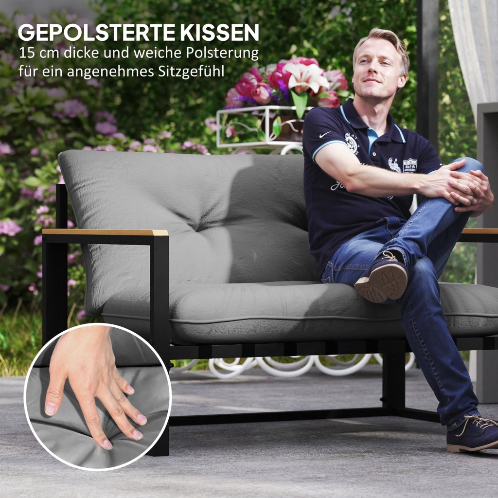Set di mobili da giardino a 4 posti; divano a 2 posti e 2 poltrone; cuscini grigio chiaro; mobili da balcone