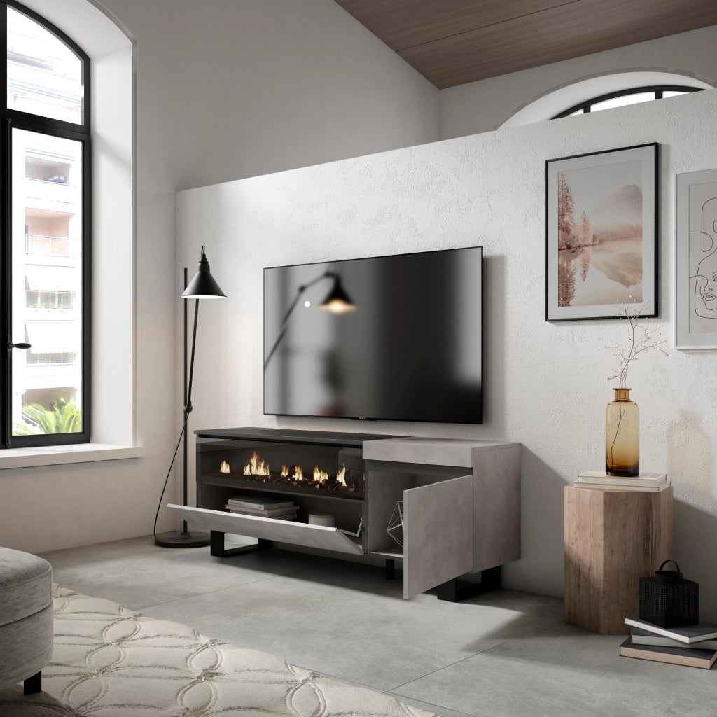 Mobile TV Soggiorno, 150x35x57cm, Per TV fino a 65", Camino elettrico, Design industriale, grigio cemento RF2467