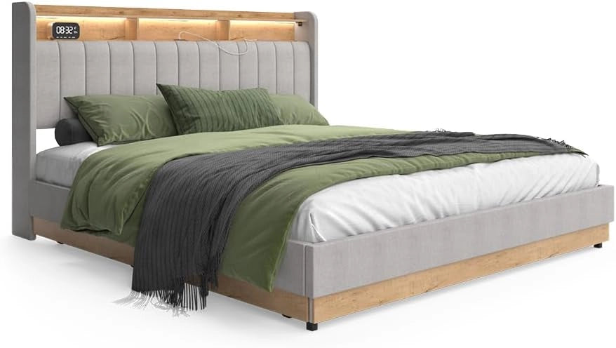 Letto imbottito Nura, Grigio, 180x200 cm con materasso, con porta di ricarica USB, illuminazione LED e telecomando