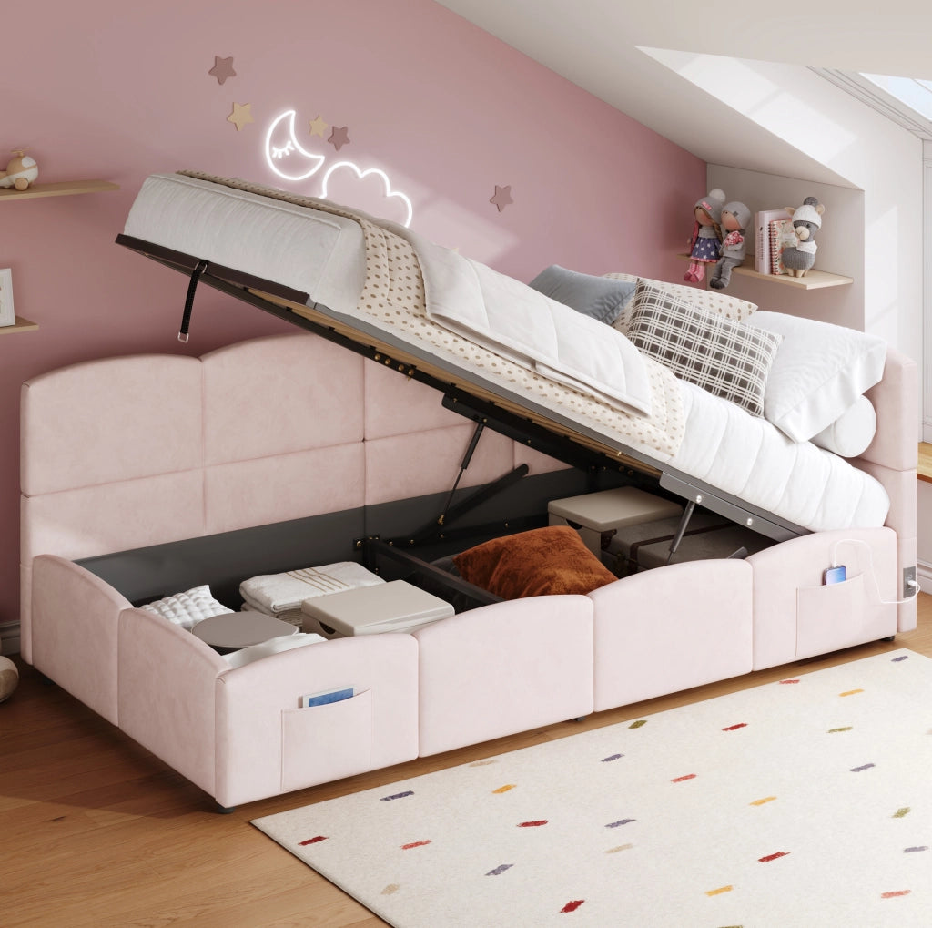 Letto singolo imbottito 90x200 cm con contenitore idraulico; USB-A e USB-C; velluto rosa