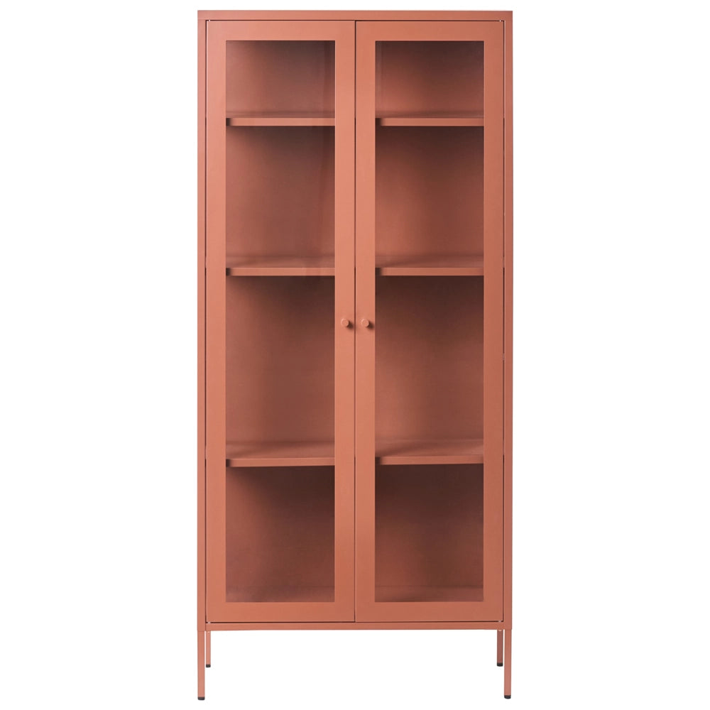 Credenza alta in metallo con 2 ante ed elementi in vetro, stile industriale moderno marrone dorato sala da pranzo soggiorno