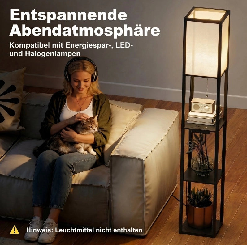 Lampada da terra LED nera con mensole, interruttore a catena dimmerabile e prese USB-C, USB-A e di corrente
