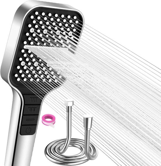 Douchekop con 15 metri di lunghezza, con sistema di risparmio d'acqua, 7 livelli di pressione, douchekop per docce a pioggia con interruttore e getto di silicone auto-pulente