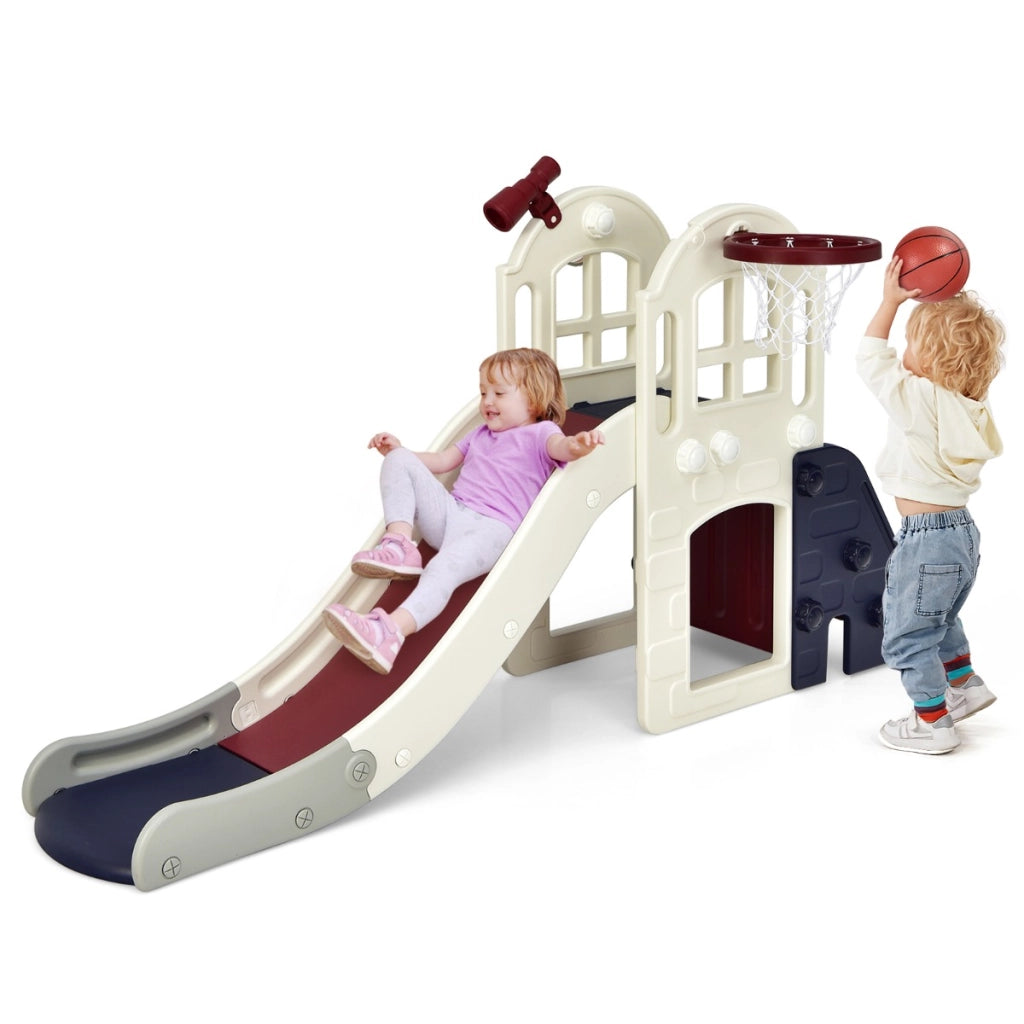 Scivolo grande per bambini 6 in 1 con canestro palla lancio dell'anello e cannocchiale, Set da gioco Blu-Arrampicate e scivoli