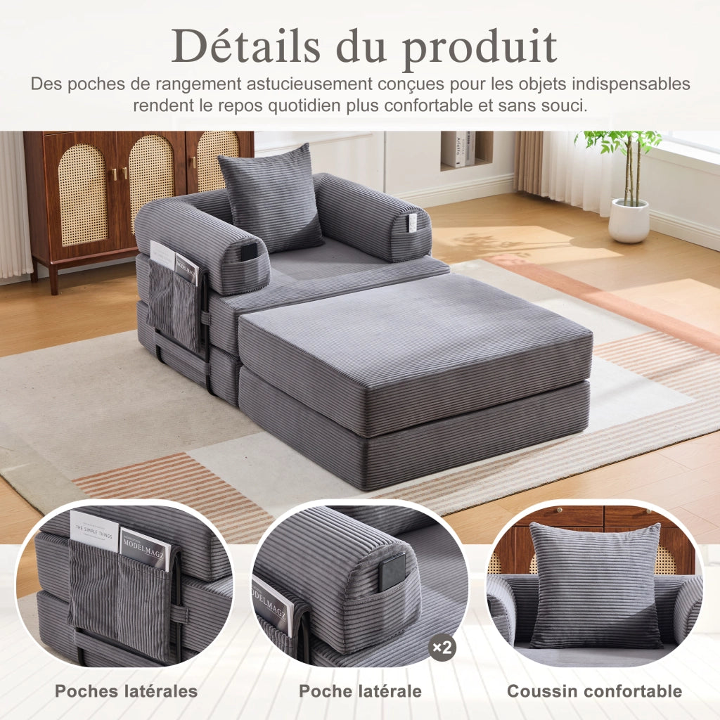 Poltrona con pouf compressa ergonomica con tasca e cuscino in velluto a coste grigio scuro 112 × 190 × 67 cm