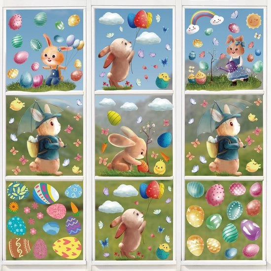 Decorazioni per finestre pasquali con uova di coniglio e pulcini, adesivi per finestre pasquali con design riciclabile, set di 9 adesivi per finestre pasquali.