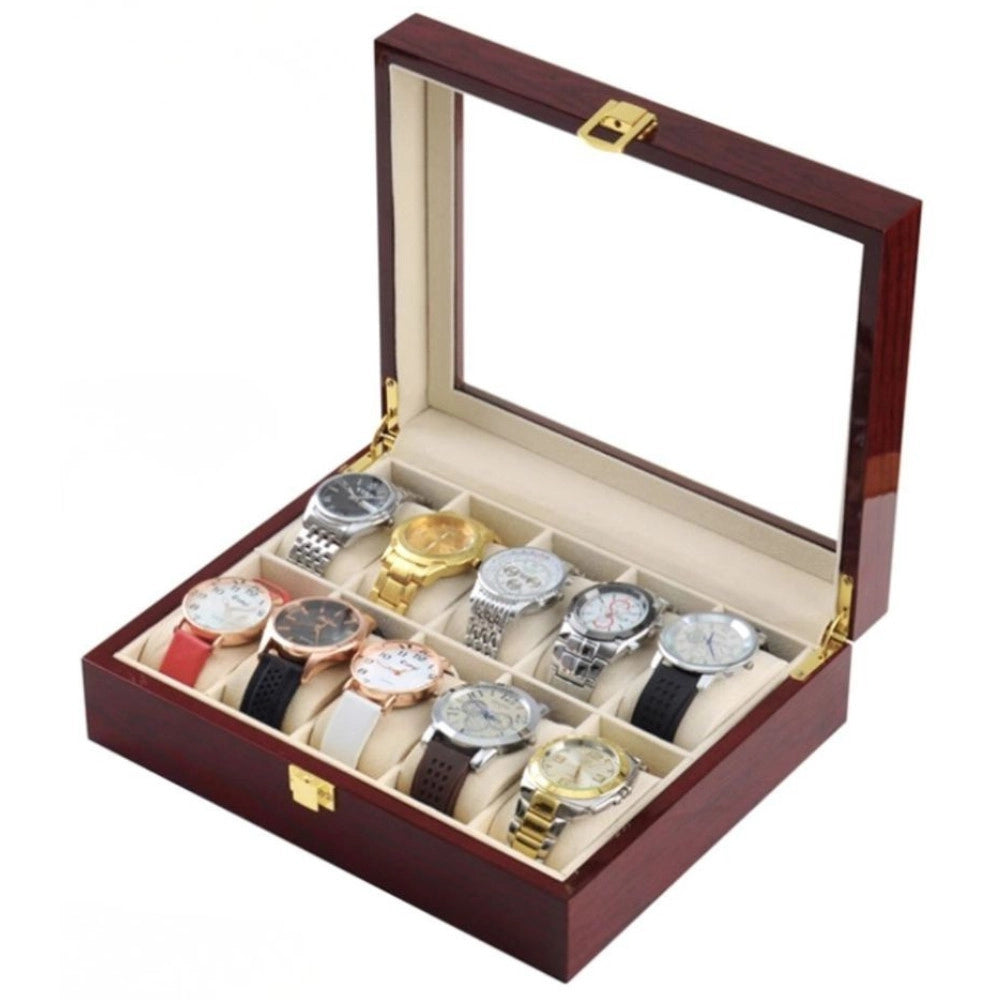 Trade Shop - Scatola Porta Orologi 10 Posti In Legno Con Vetro Custodia Elegante Effetto Lusso -