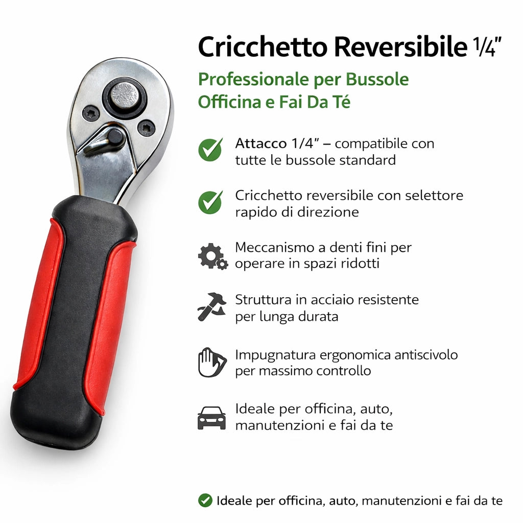 Mini Cricchetto Reversibile 1/4'' A Sgancio Rapido per Bussole Officina | 201