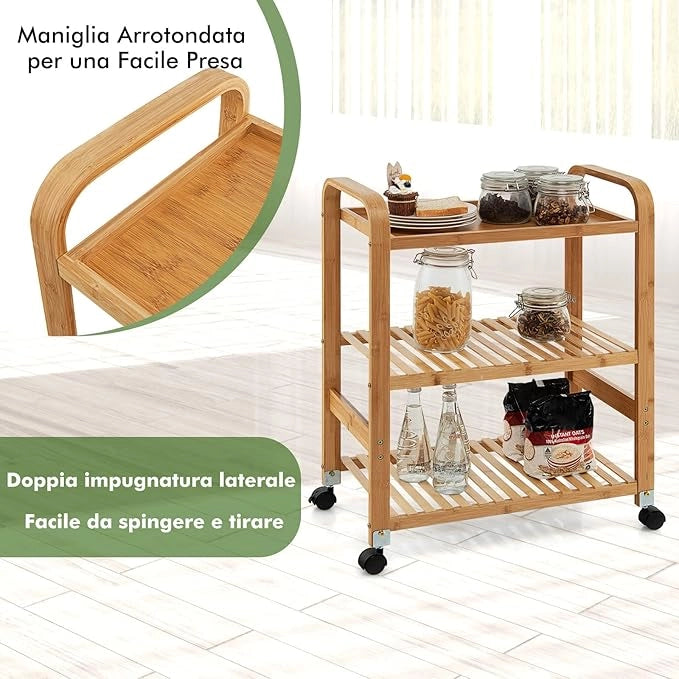 Carrello da Cucina di Bambù, Scaffale da Cucina con 3 Livelli e Ruote Staccabili, Ideale per Casa Ristorante Bar, 58x33x76 cm
