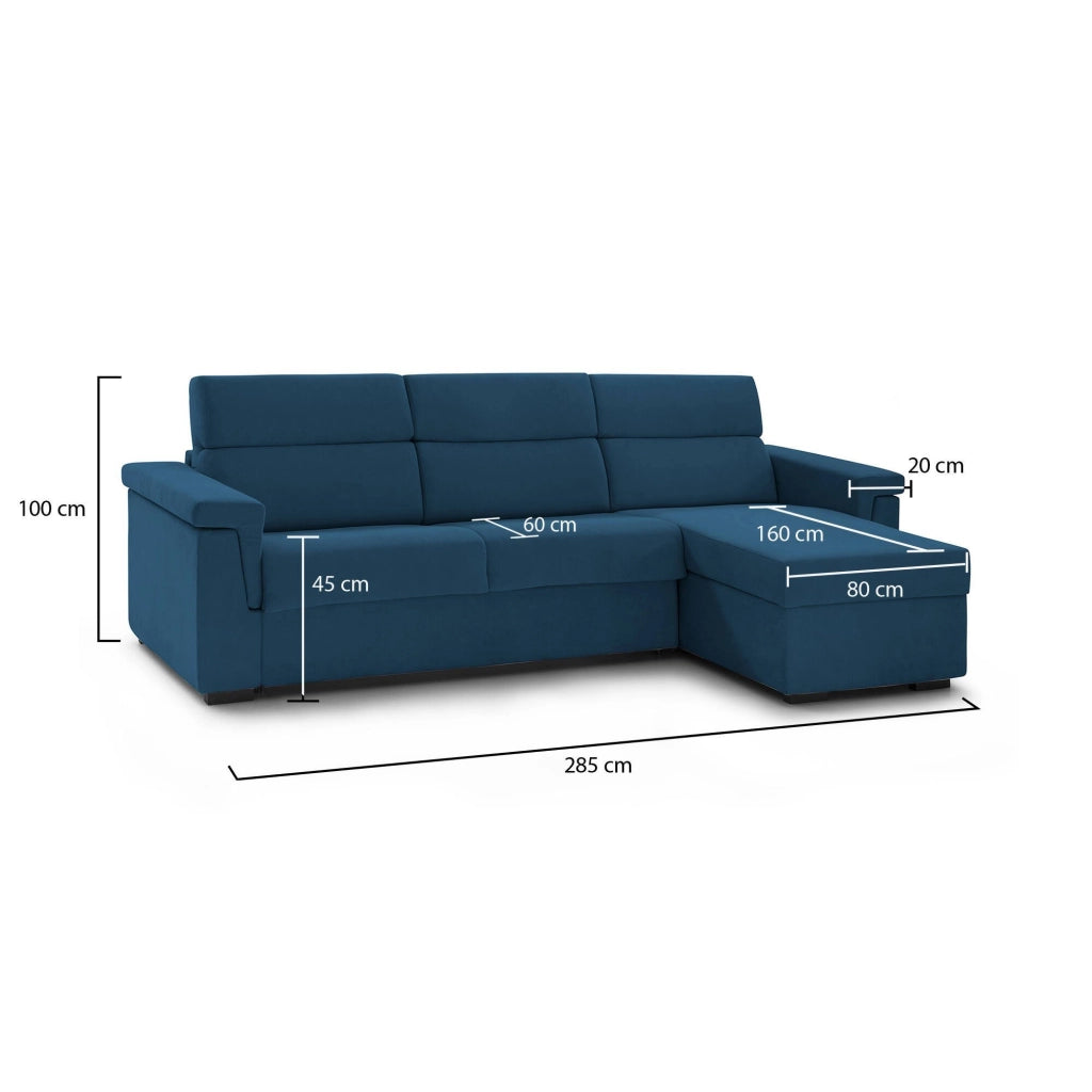 Cintano, Divano Fisso con Penisola Sfoderabile Made in Italy, 285x160 cm blu