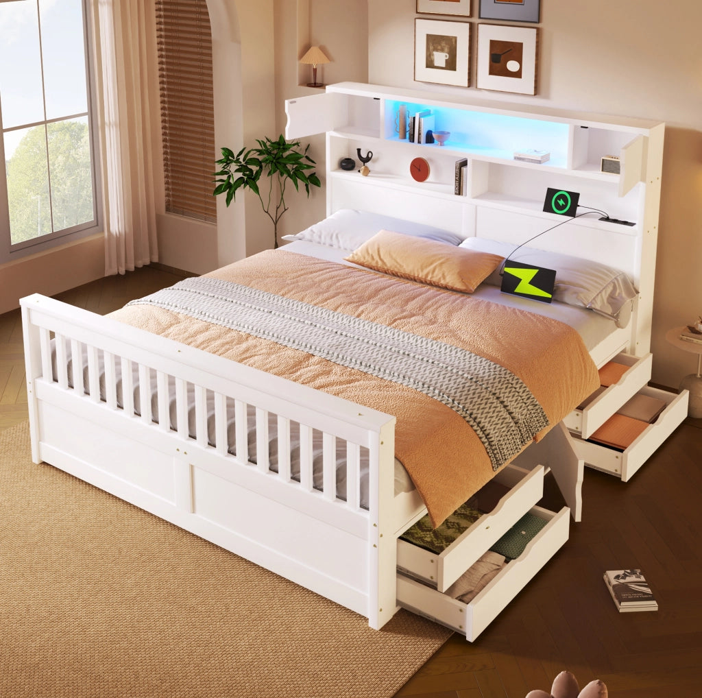 Letto piattaforma 160x200 cm con testiera libreria; LED e 4 cassetti; bianco