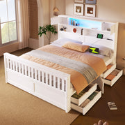 Letto piattaforma 160x200 cm con testiera libreria; LED e 4 cassetti; bianco