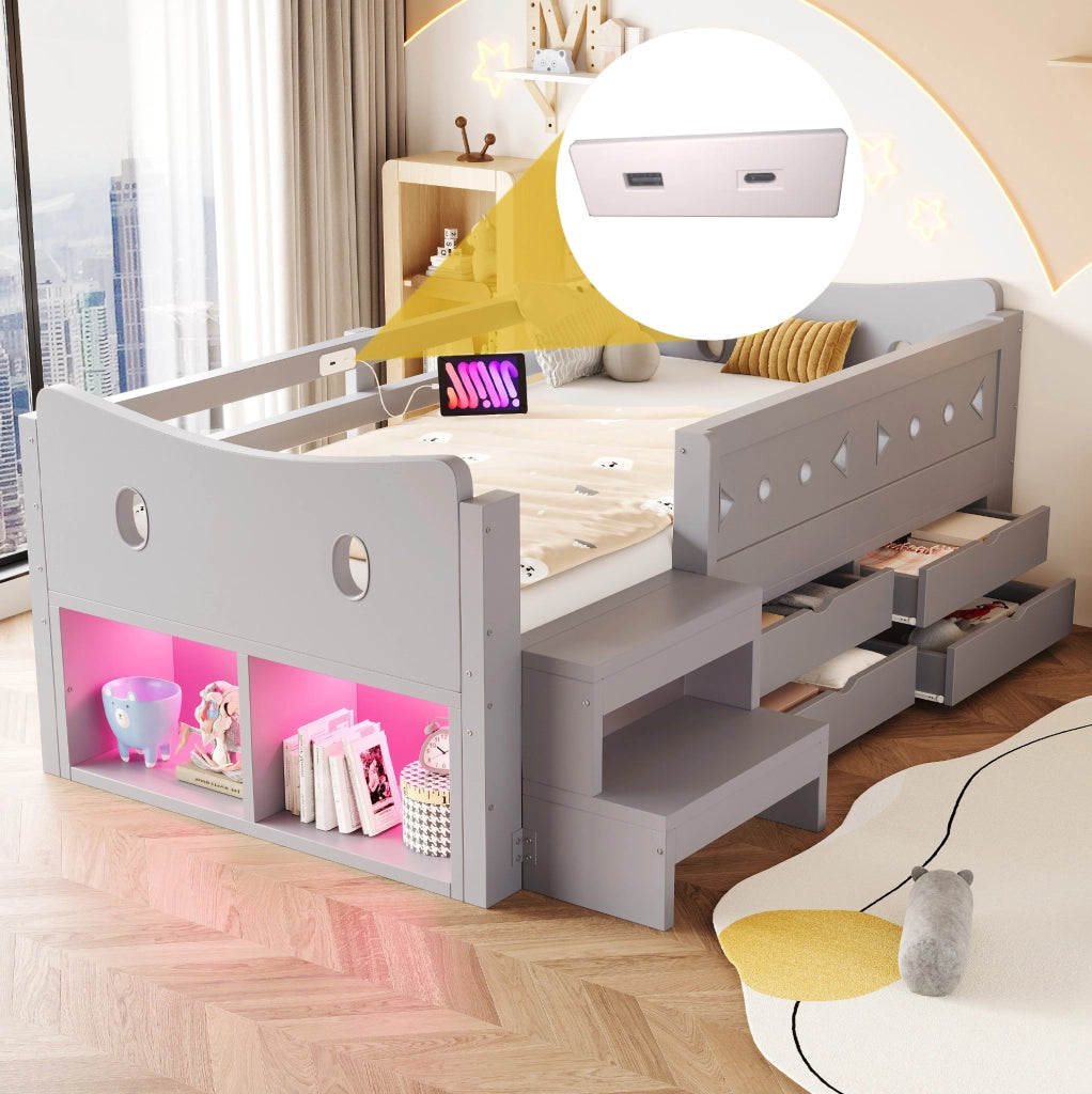 Letto singolo per bambini 90x200 cm in legno grigio con contenitore; LED e porte USB