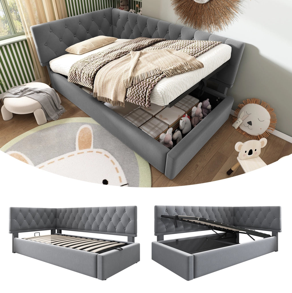 Letto imbottito 90x200 cm in velluto grigio con contenitore idraulico; testiera reversibile