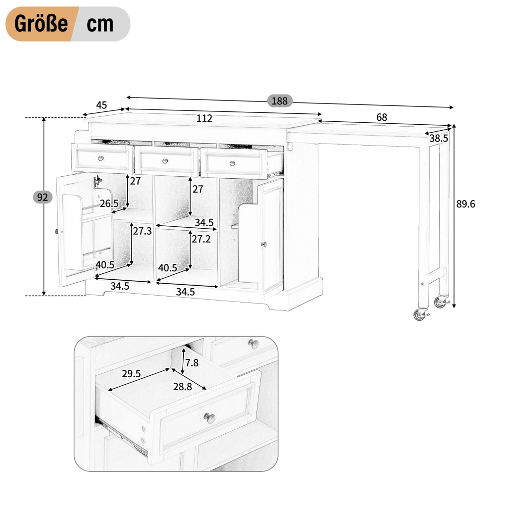Mobile contenitore con 3 cassetti e ripiani regolabili; per cucina; grigio; 112×45×92 cm