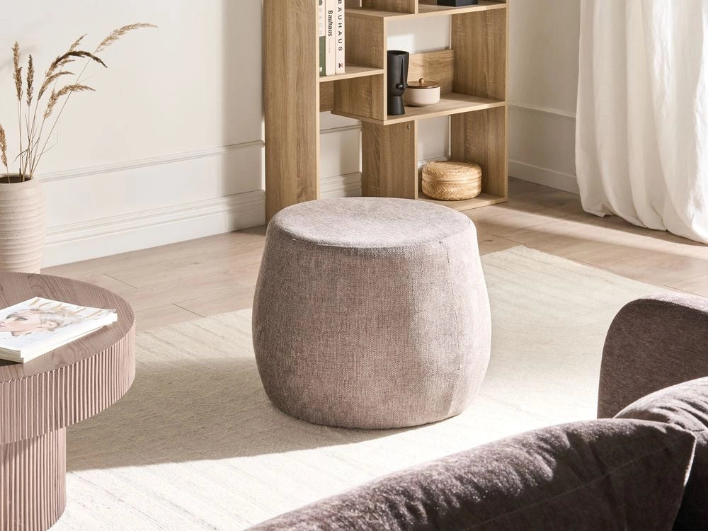 Pouf rotondo moderno Drum stile morbido soggiorno camera da letto tessuto marrone chiaro