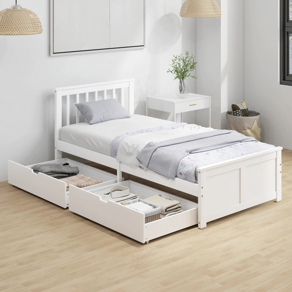 Letto Singolo in Legno Massello con 2 Cassetti e Testiera ¨C Zephmum ¨C 90x190 cm Bianco
