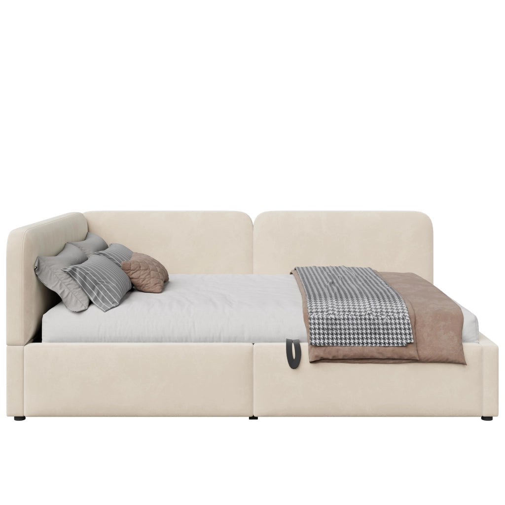 Divano letto imbottito 140x200 cm con vano idraulico e testiera reversibile; beige