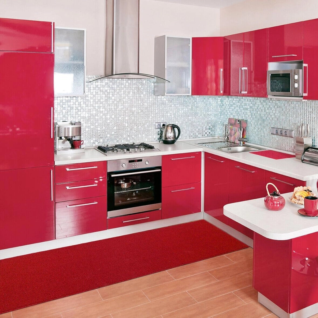 Tappeto Cucina 57x400 cm Tessitura Piatta Antiscivolo Multiuso Corsia Corridoio Made In Italy Bordeaux