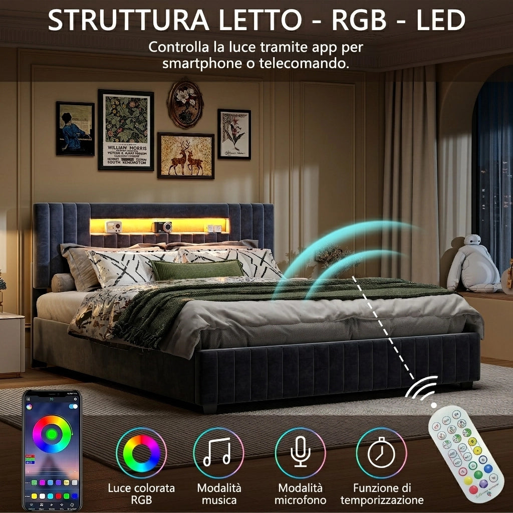 Letto matrimoniale contenitore 160x200 cm con testiera imbottita luce LED e rete a doghe struttura letto in velluto-grigio