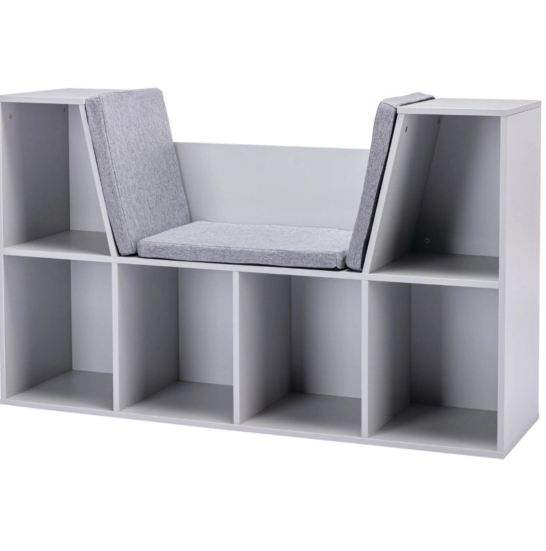 Libreria per bambini grigia con panca, 6 vani e 3 cuscini 103x30x62 cm