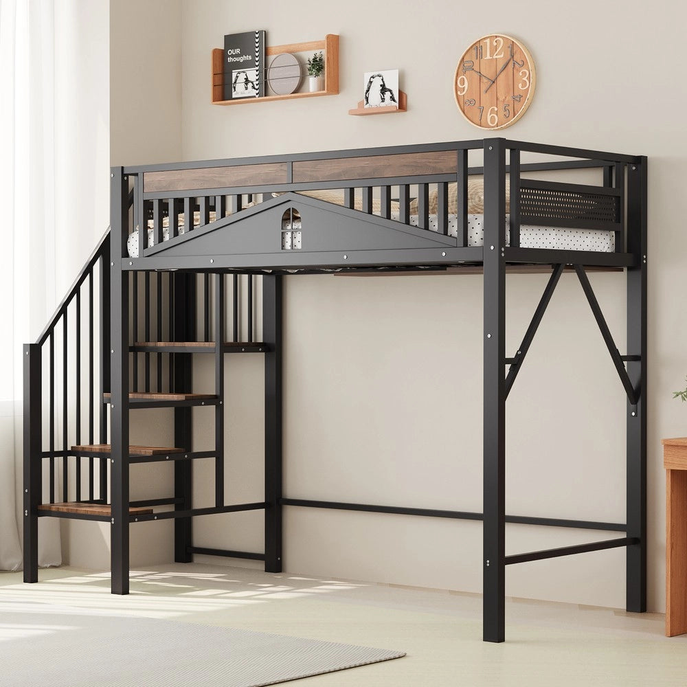 Letto a Soppalco in Metallo 90x200 con Scala ¨C MINIMAL ¨C Nero