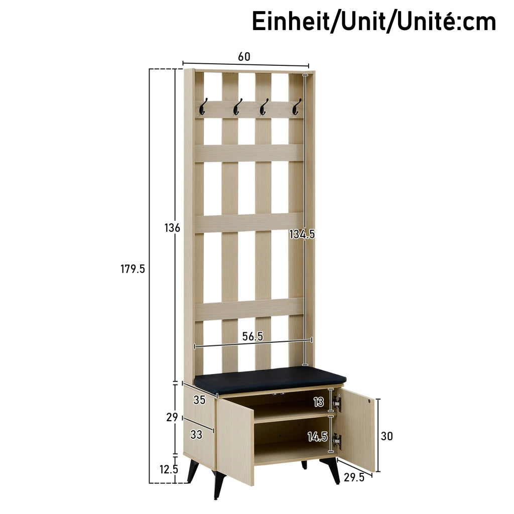 Mobile da ingresso con panca, appendiabiti e credenza con 2 ante, 1 cassetto e ripiani regolabili in MDF effetto legno