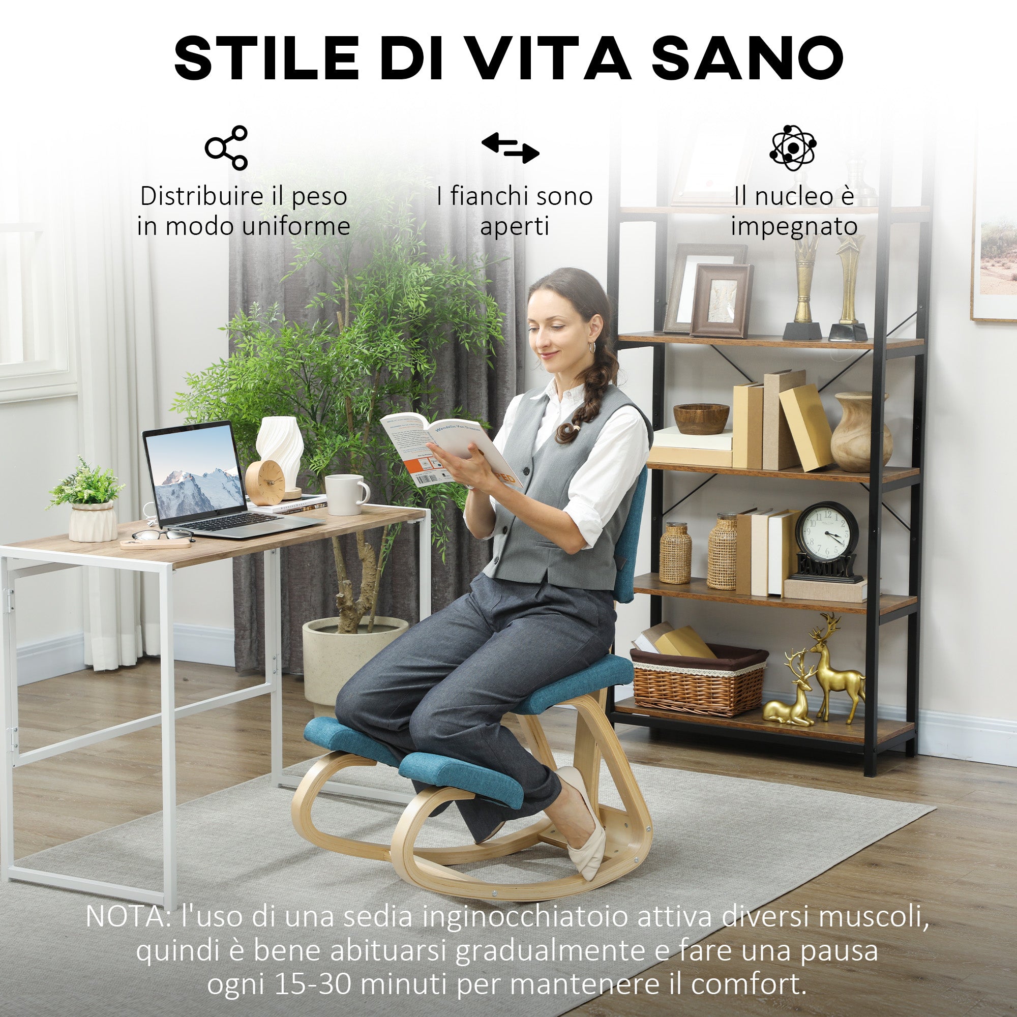 Sedia Ergonomica Inginocchiatoio con Schienale 51x84x93 cm in Legno di Betulla e Cuscini Blu