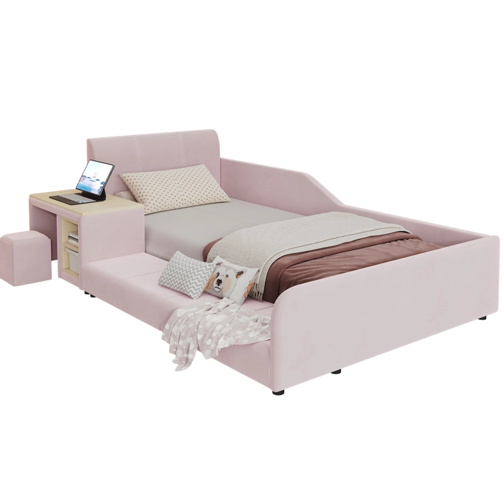 Letto singolo 90x200 cm rosa in velluto con scrivania e sgabello, senza materasso