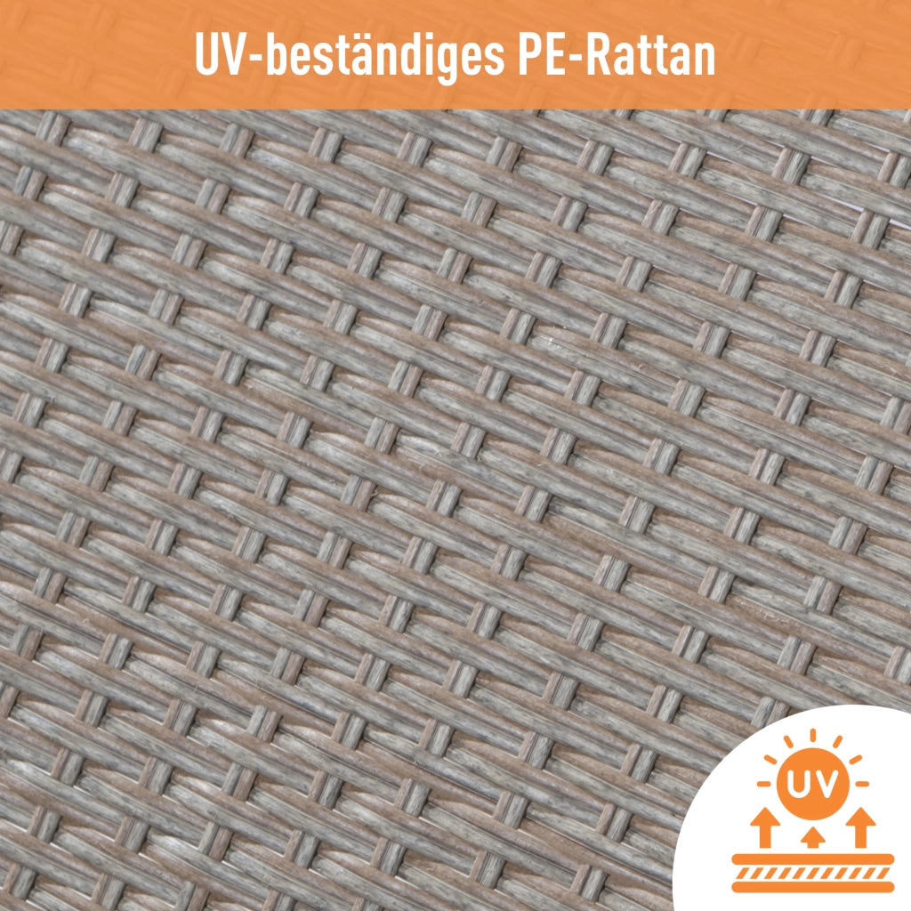 Set salotto polyrattan 7 persone: Divanooo + tavolo + sgabello + cuscini; tessuto lavabile; kaki