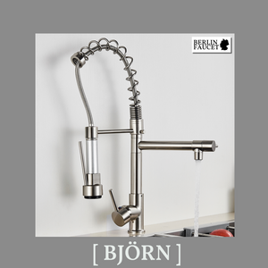 Bjorn | Rubinetto da parete gastronomia oro lucido Rubinetto cucina professionale in acciaio inox con due doccette|doppio lavello da parete ristorante