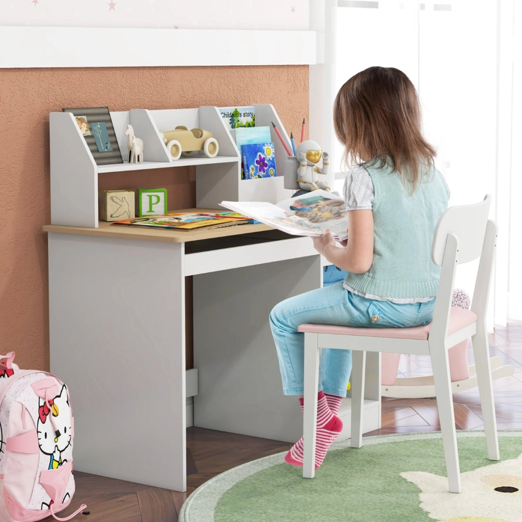 Scrivania da studio in legno per bambini e adolescenti, Postazione per computer con vetrina libreria cassetto Naturale-Scrivanie